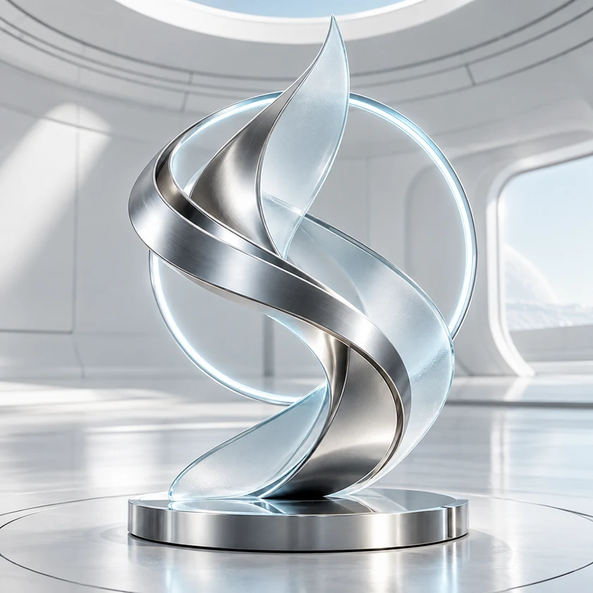 Sculptural chrome and frosted-glass brand form