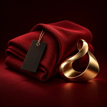 Golden brand sculpture with deep red fabric