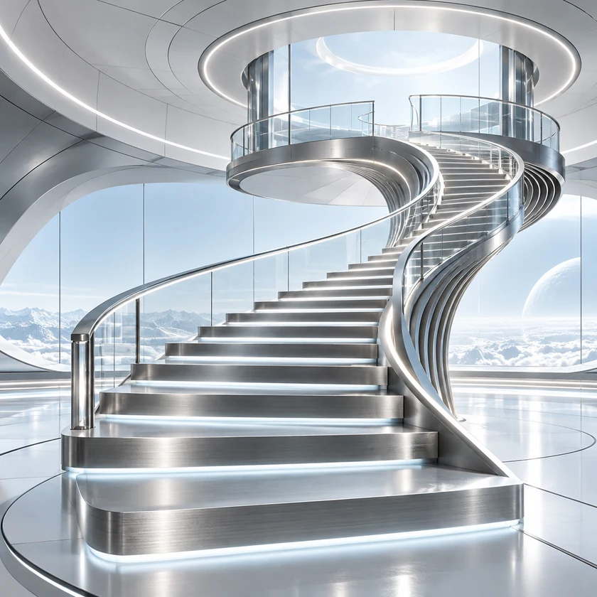 Brushed metal path rising through a bright spacecraft interior