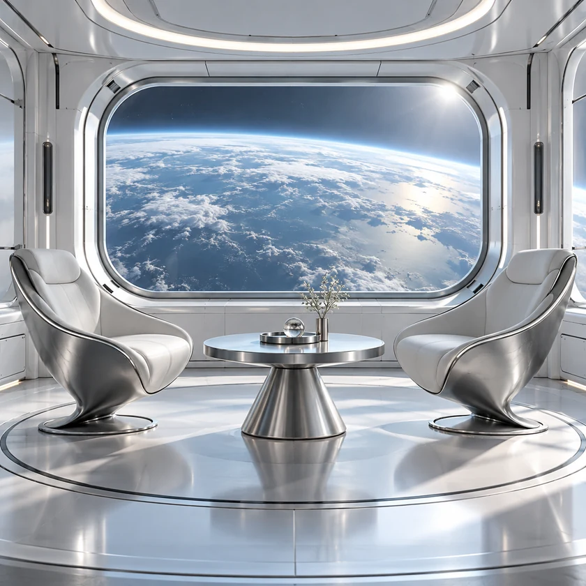 Two sculptural chairs in a spacecraft consultation room