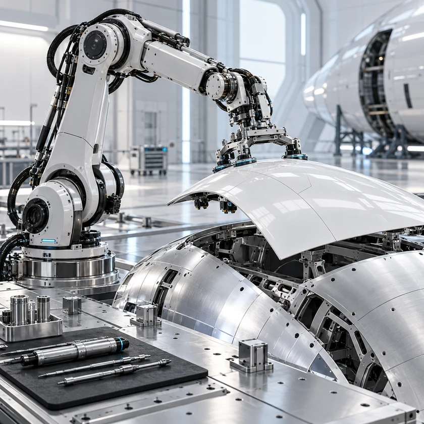 Industrial robot arm assembling a curved ceramic panel
