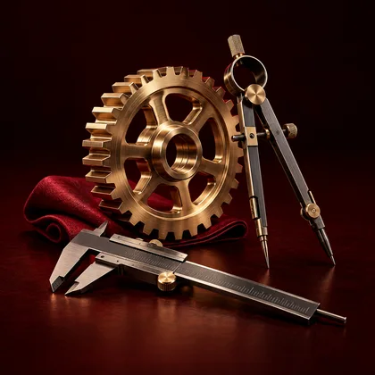 Gold mechanical gear, drawing tools and red material