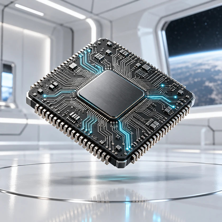 Detailed graphite microchip with illuminated silver traces